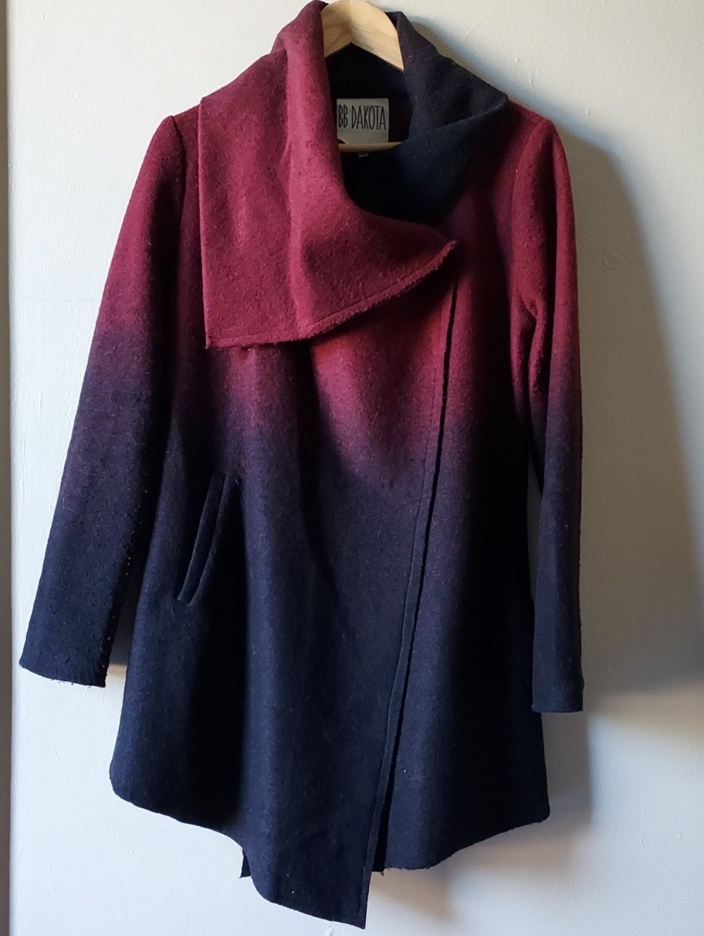 BB Dakota Burgundy to Black Ombre Open-Collar Wool Blend Coat